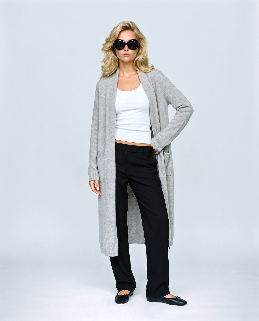 The Open-Front Longline Cardigan in Grey, front view on a non-pregnant model