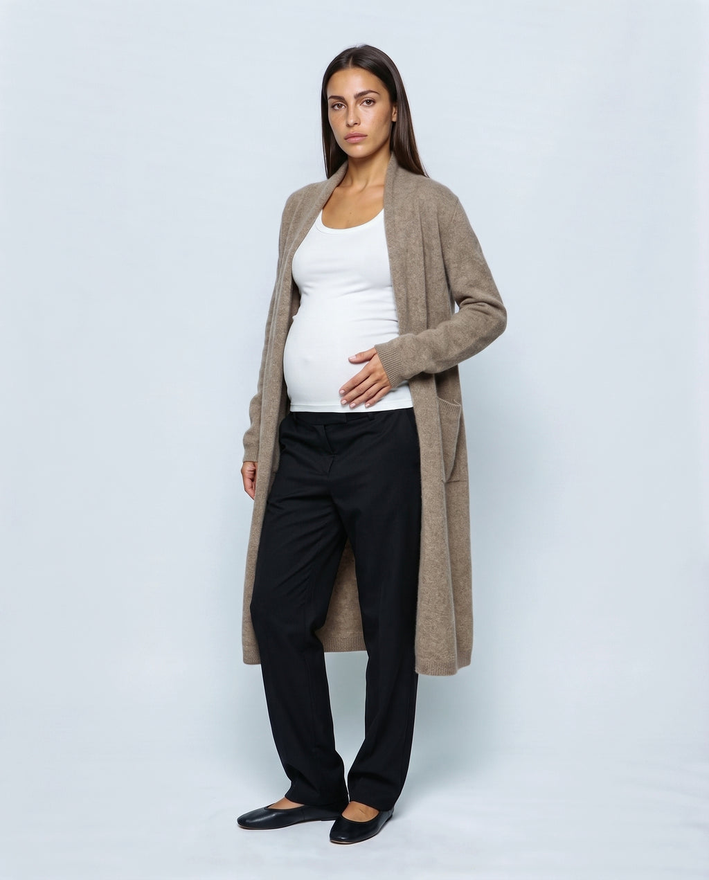 The Open-Front Longline Cardigan in Taupe, front view