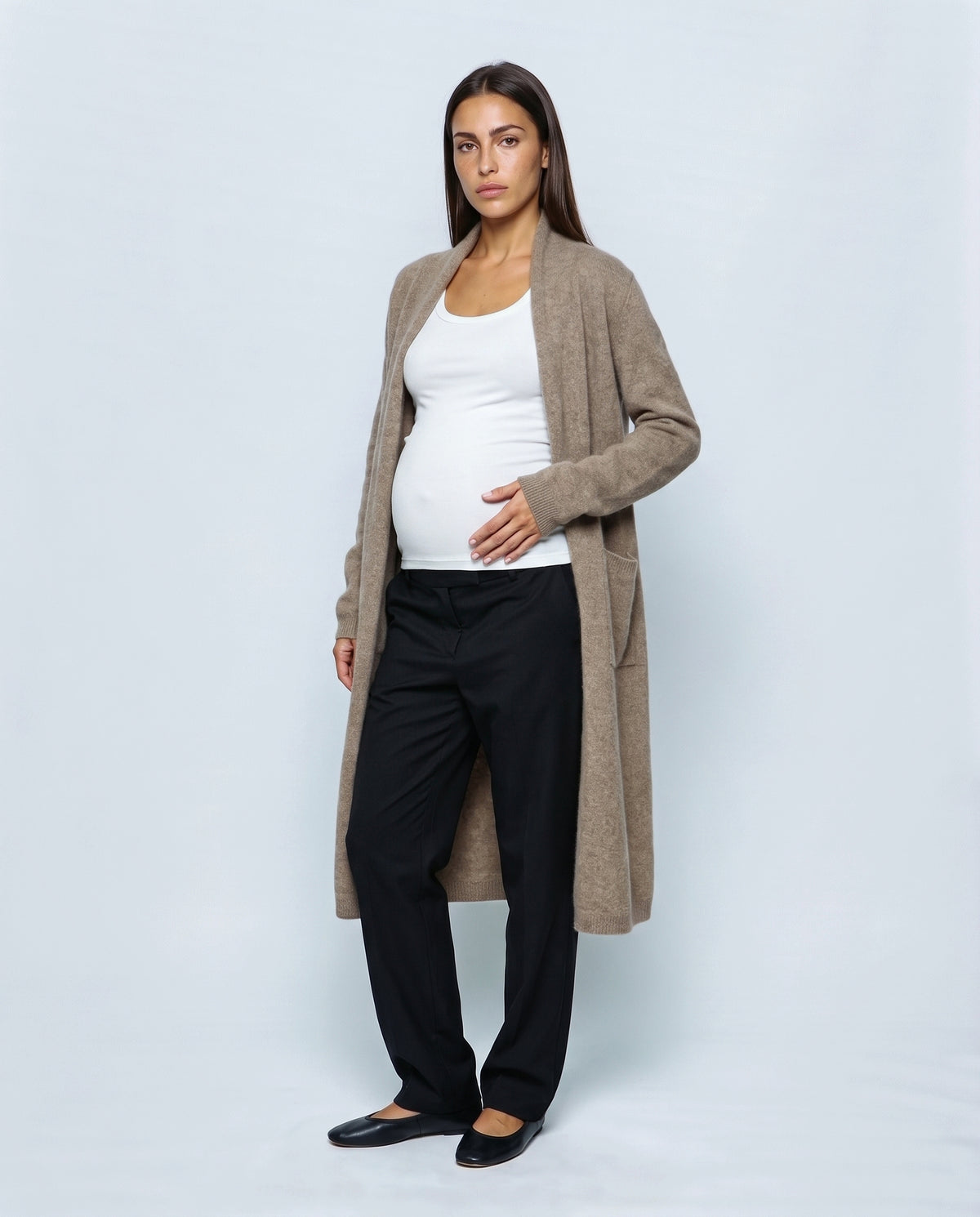 The Open-Front Longline Cardigan in Taupe, front view