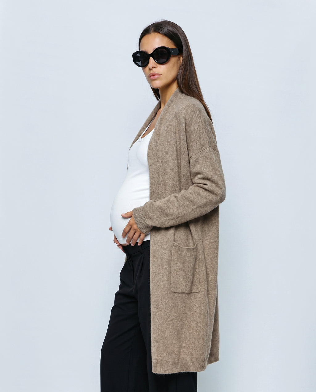 The Open-Front Longline Cardigan in Taupe, side view