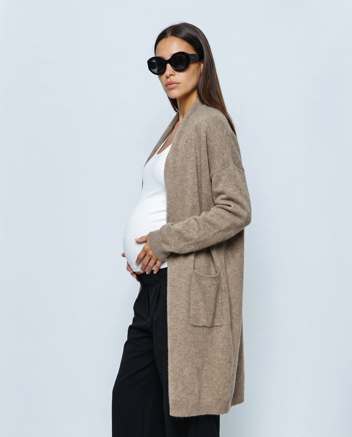 The Open-Front Longline Cardigan in Taupe, side view