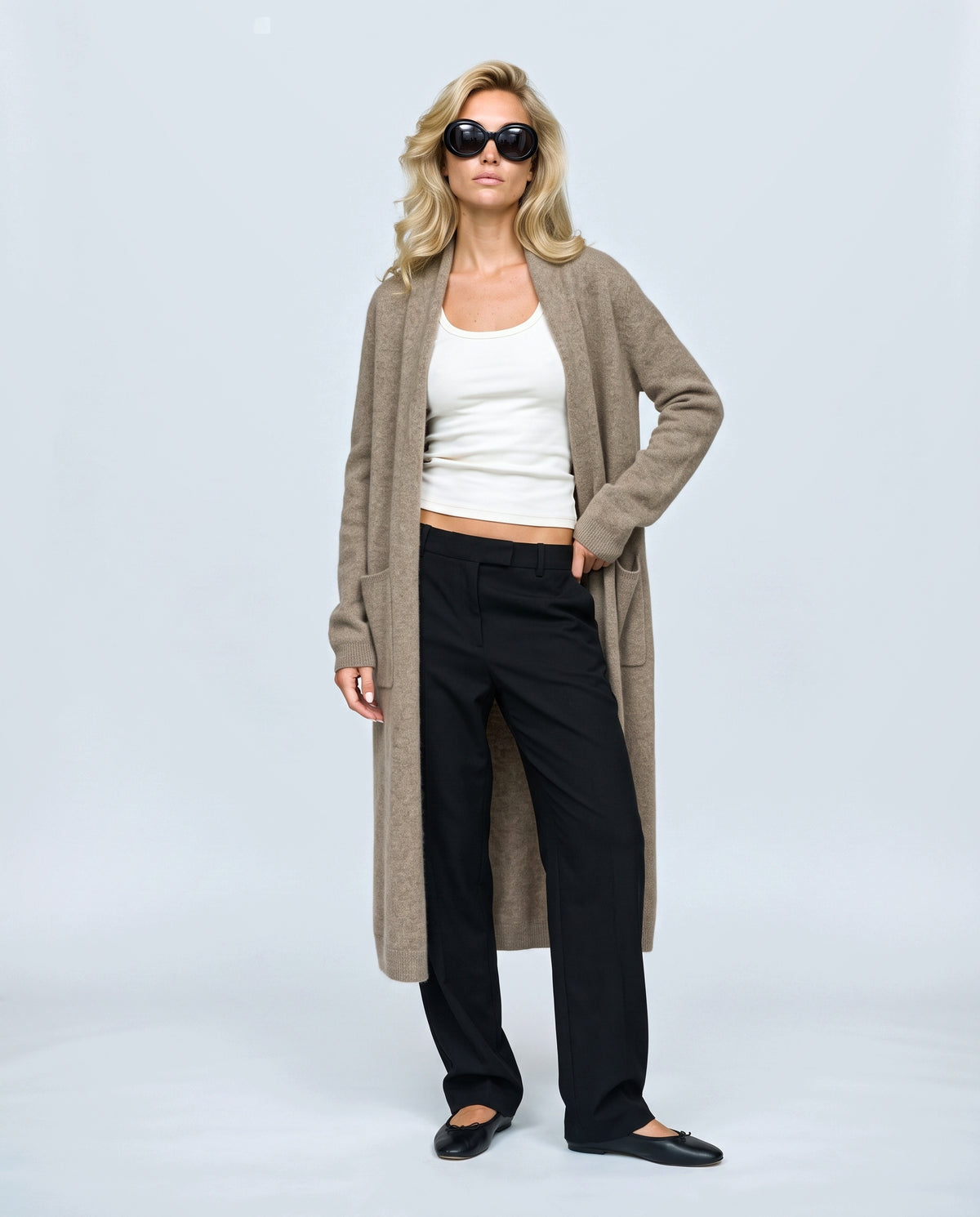 The Open-Front Longline Cardigan in Taupe, front view on a non-pregnant model