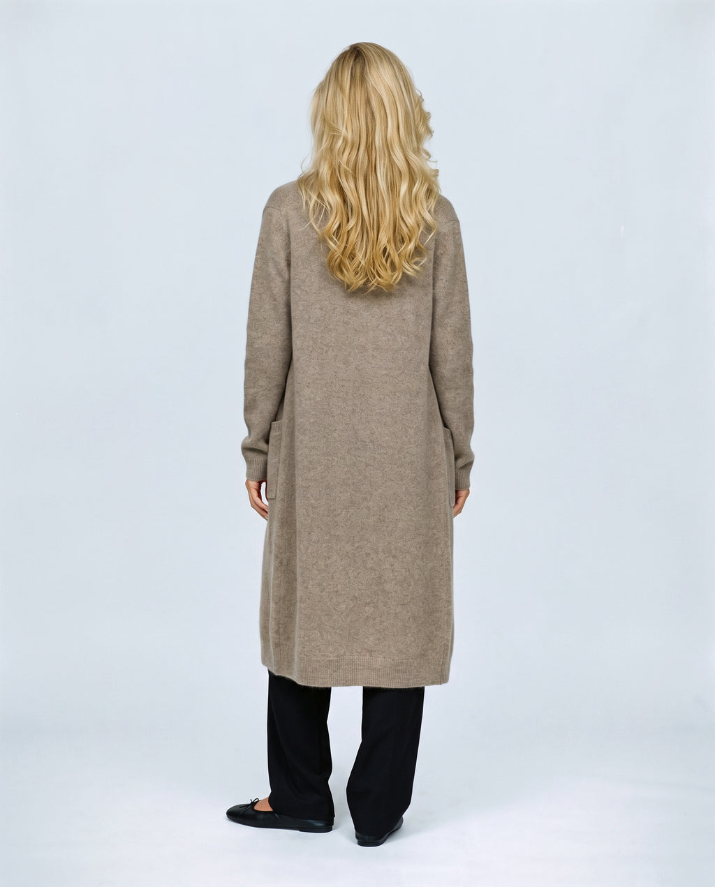 The Open-Front Longline Cardigan in Taupe, back view on a non-pregnant model