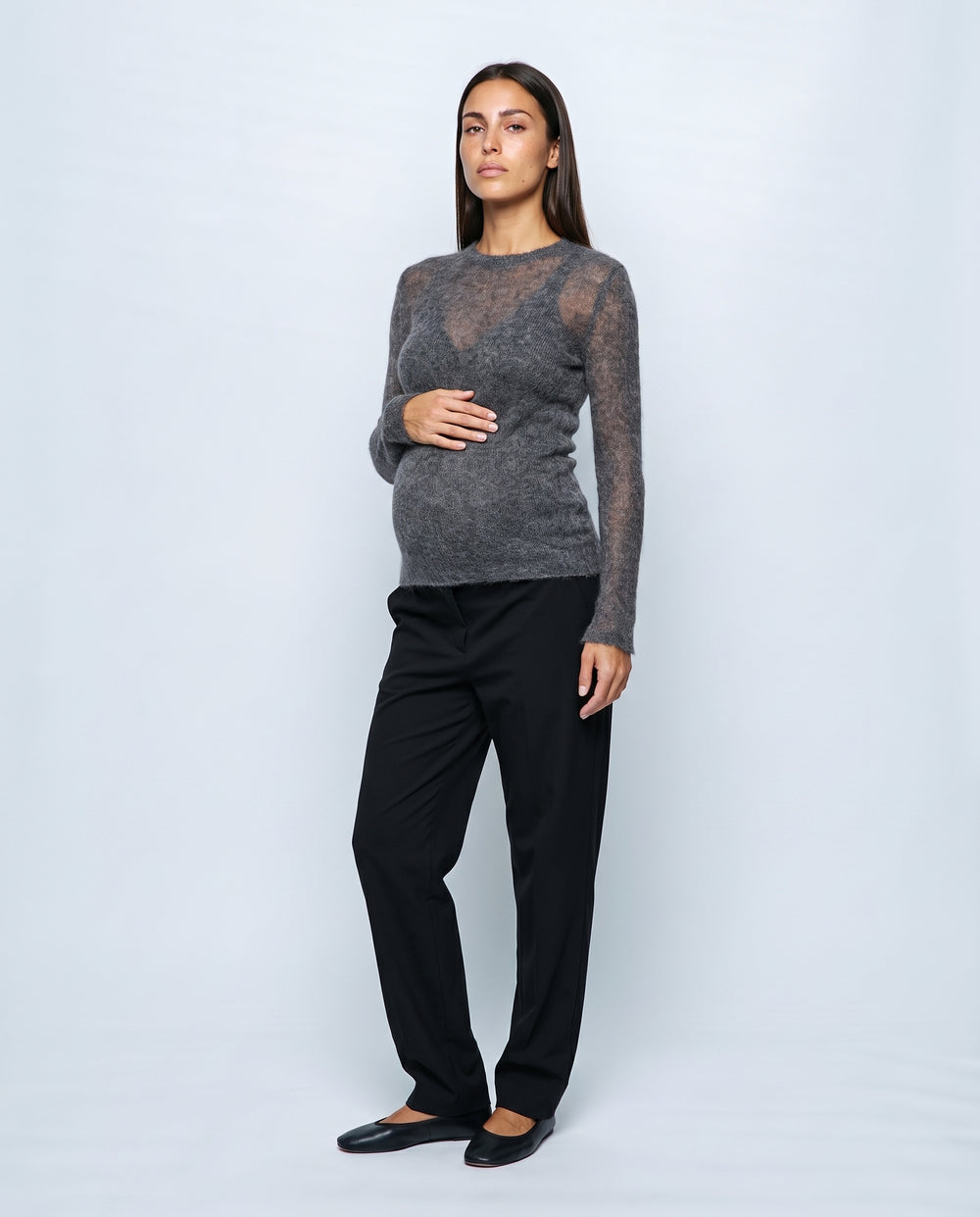 The Fine-Knit Crewneck in Charcoal grey, front view