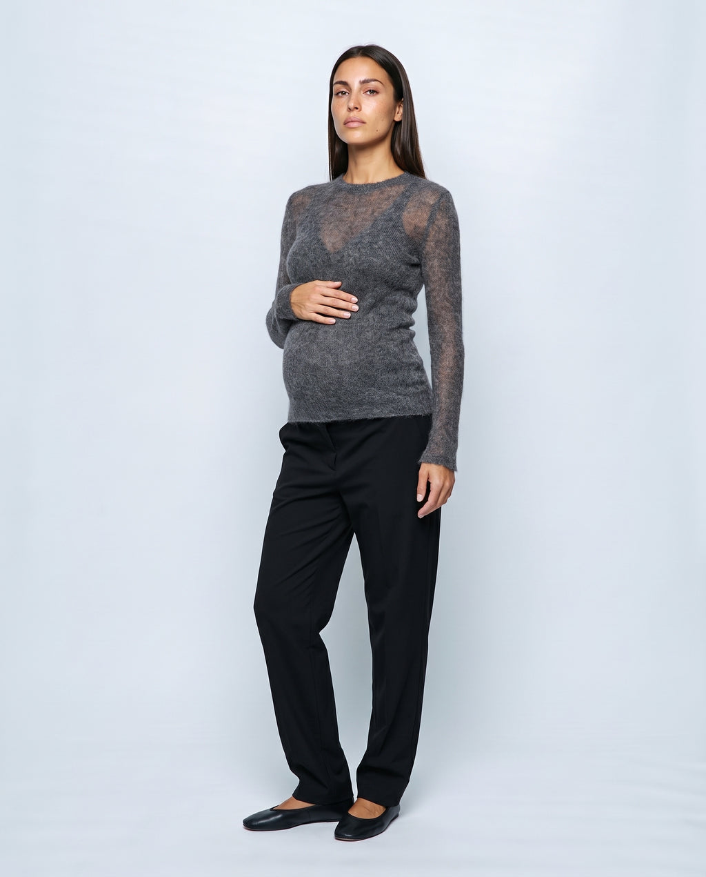 The Fine-Knit Crewneck in Charcoal grey, front view