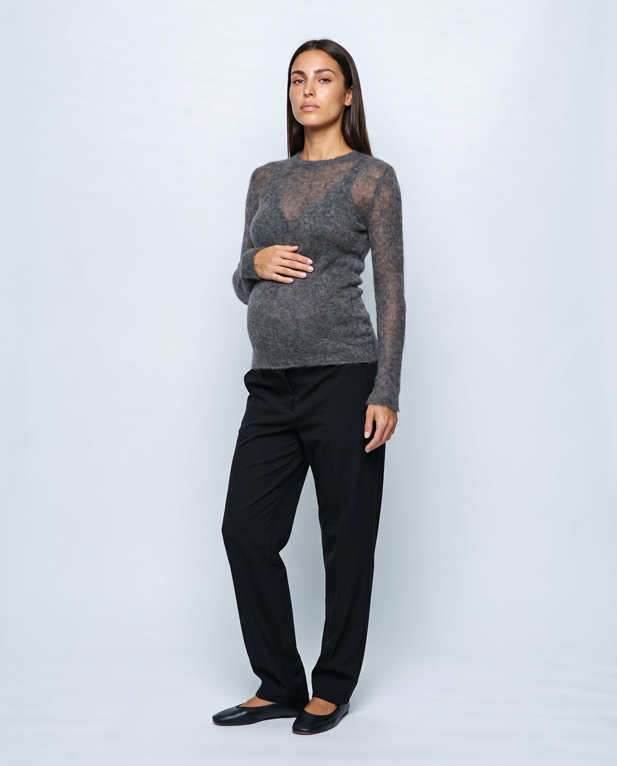 The Fine-Knit Crewneck in Charcoal grey, front view