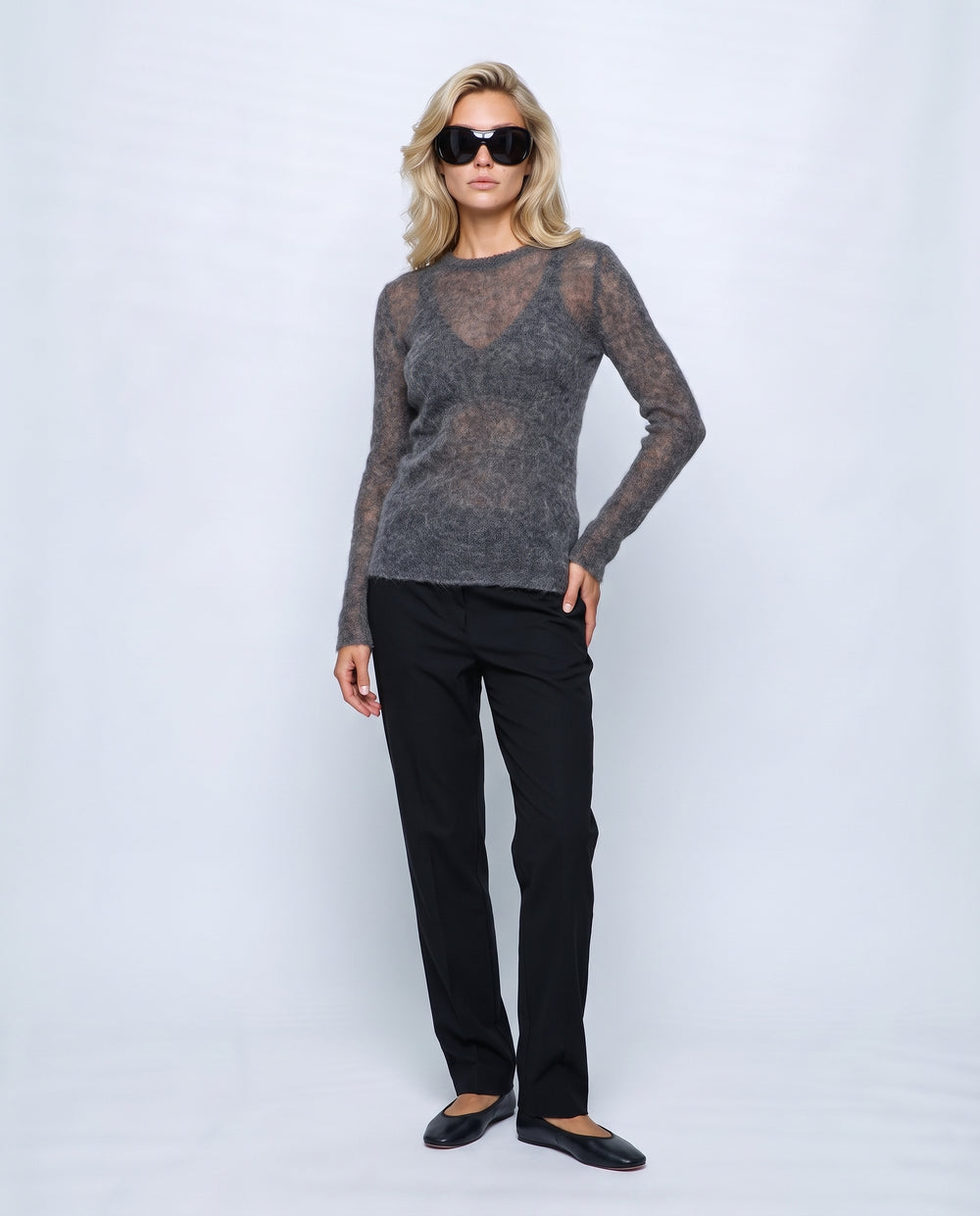 The Fine-Knit Crewneck in Charcoal grey, front view on a non-pregnant model