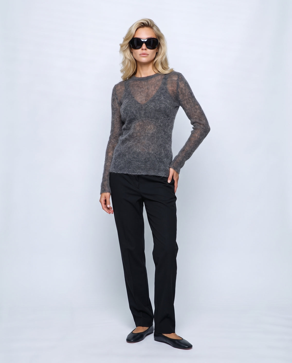 The Fine-Knit Crewneck in Charcoal grey, front view on a non-pregnant model