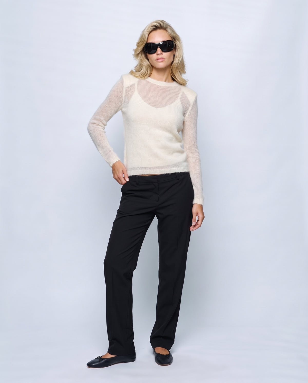 The Fine-Knit Crewneck in Cream white, front view on a non-pregnant model