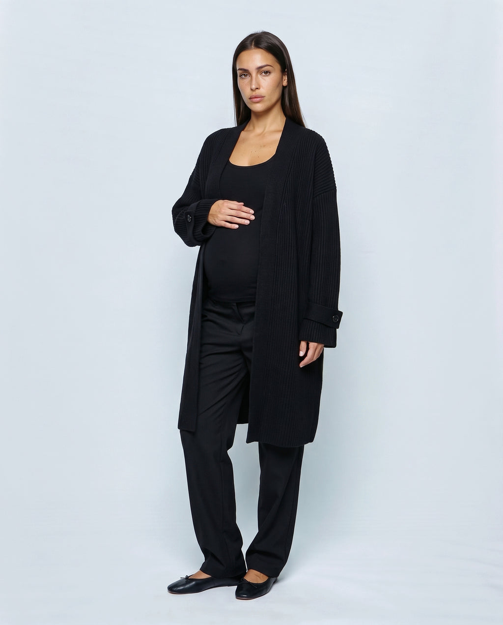 Simone Longline Knit Cardigan in Black, front view