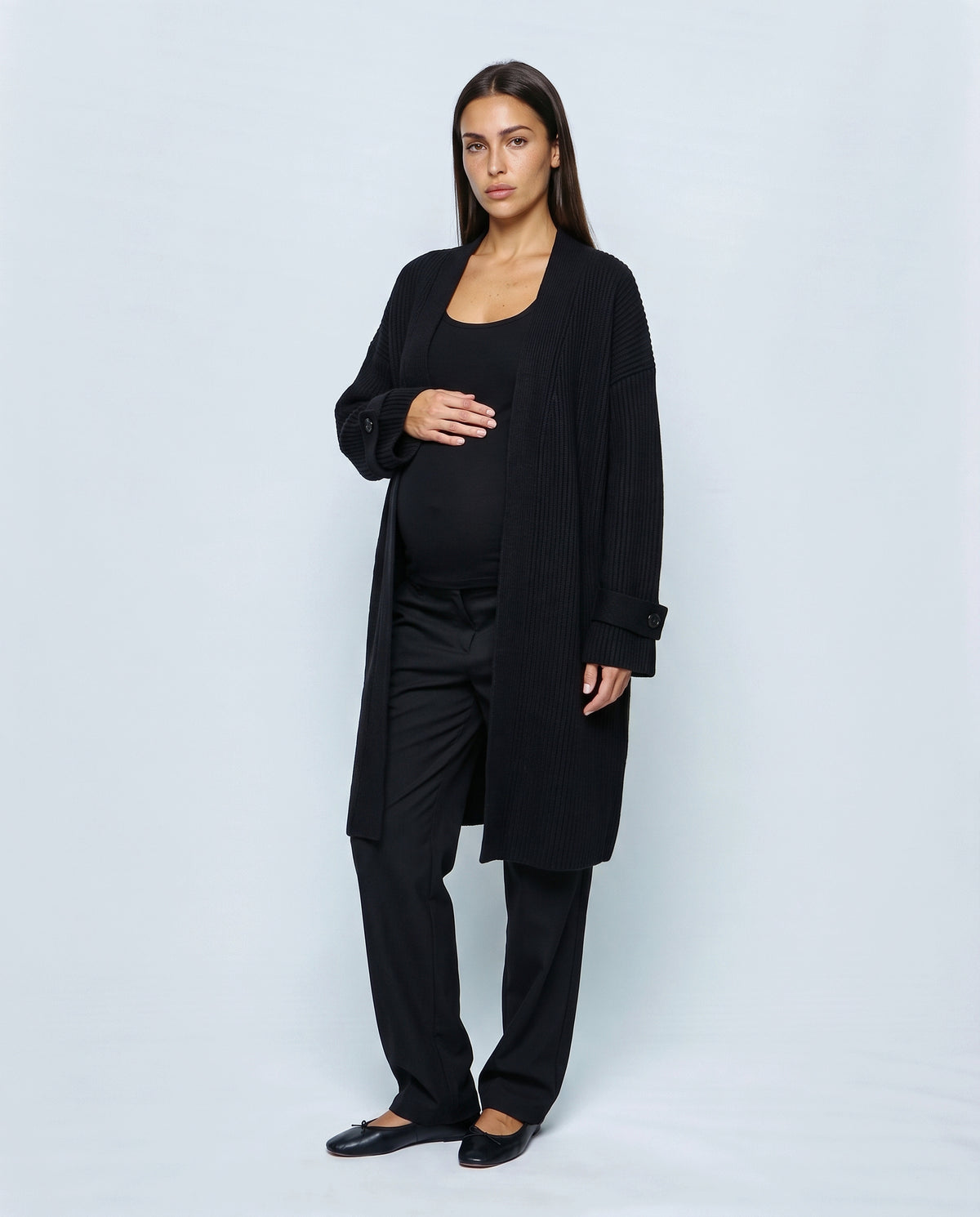 Simone Longline Knit Cardigan in Black, front view