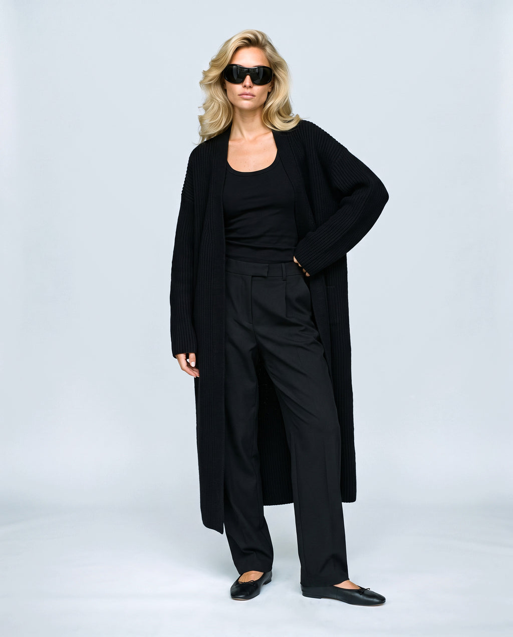 Simone Longline Knit Cardigan in Black, front view on a non-pregnant model