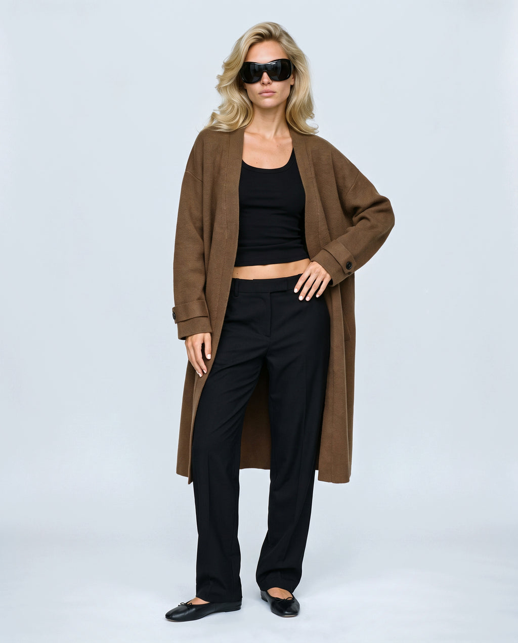 Simone Longline Knit Cardigan in Brown, front view on a non-pregnant model