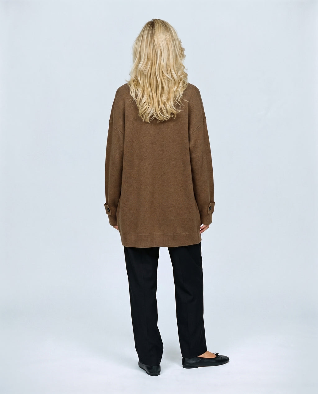 Simone Longline Knit Cardigan in Brown, back view on a non-pregnant model