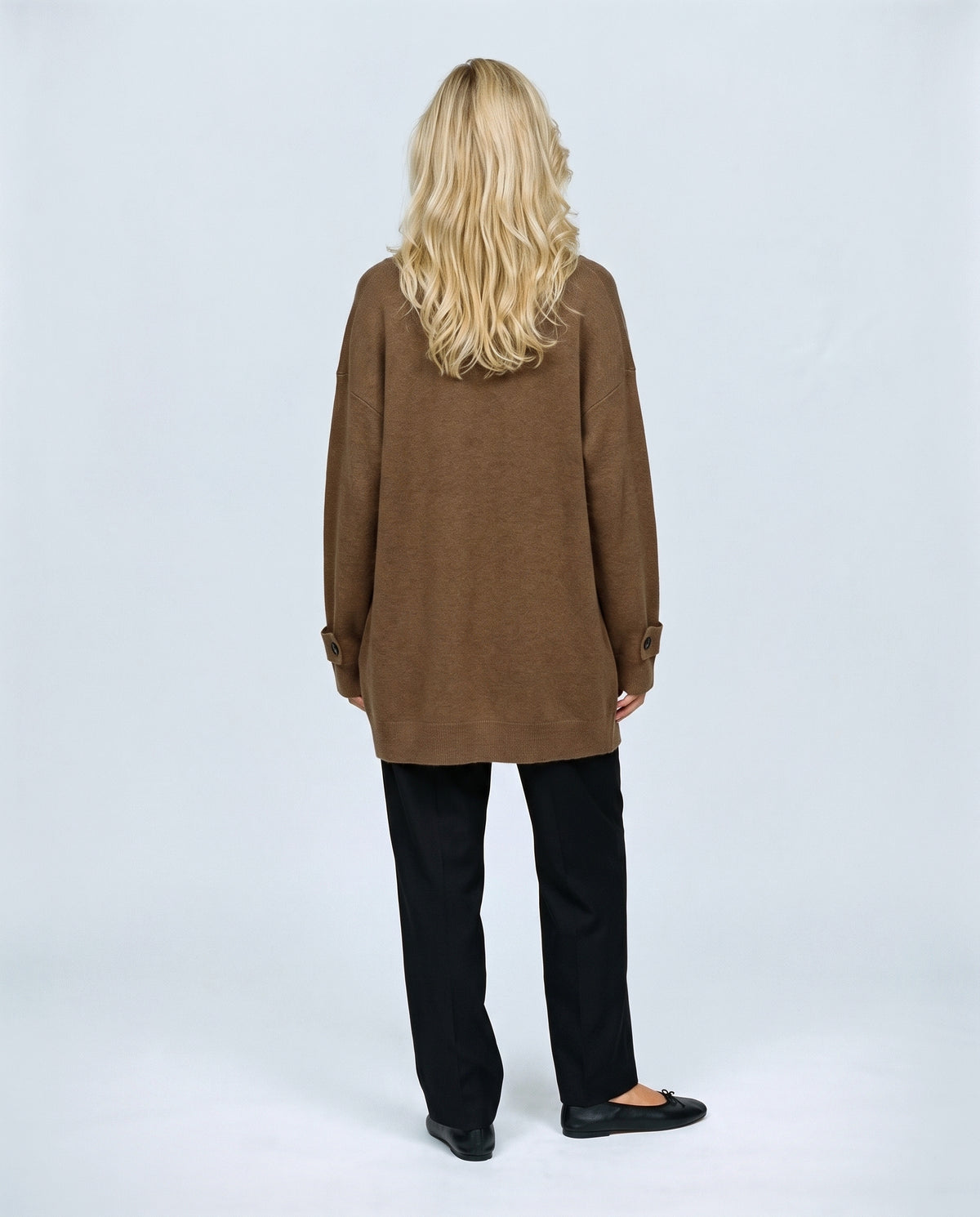 Simone Longline Knit Cardigan in Brown, back view on a non-pregnant model