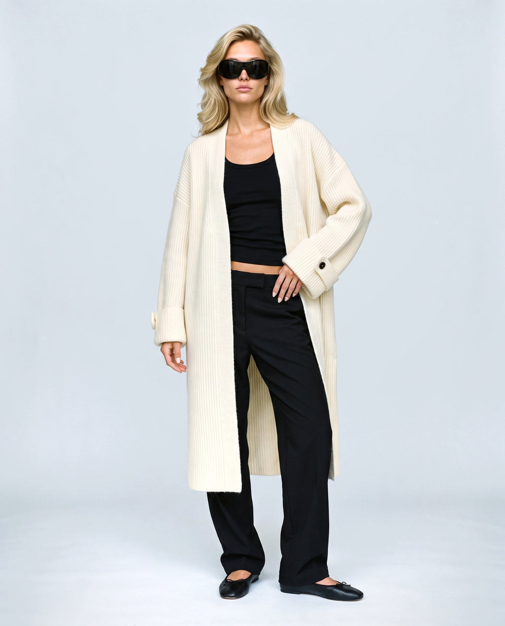 Simone Longline Knit Cardigan in Cream, front view on a non-pregnant model