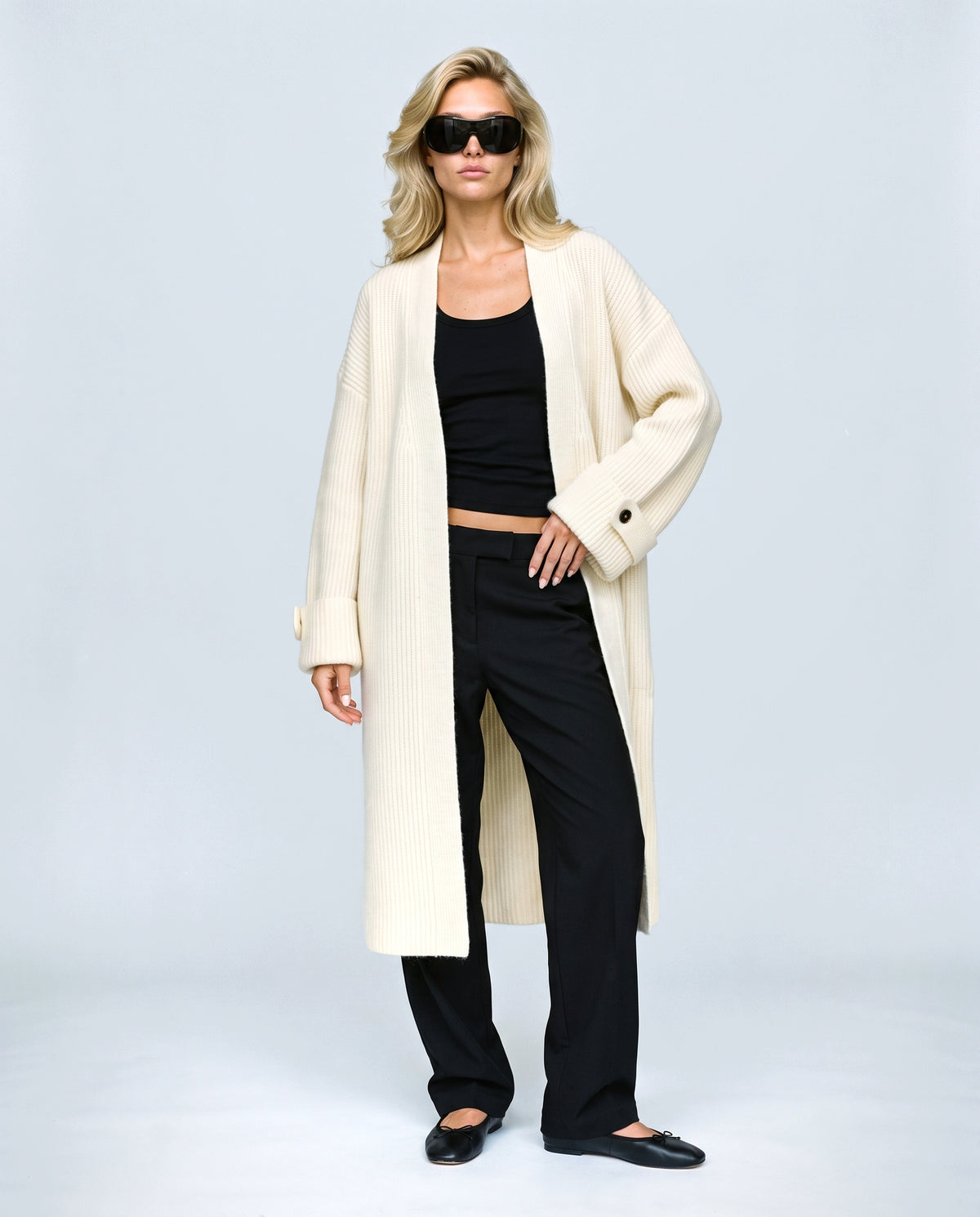 Simone Longline Knit Cardigan in Cream, front view on a non-pregnant model