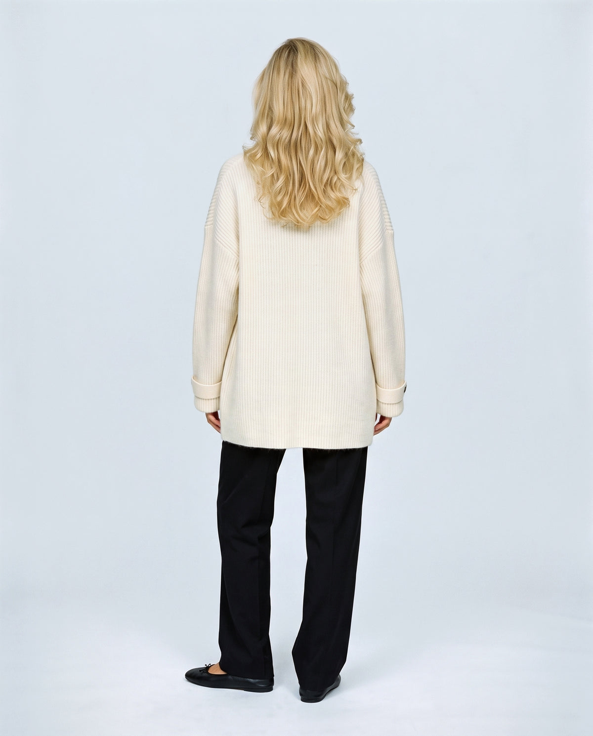 Simone Longline Knit Cardigan in Cream, back view on a non-pregnant model