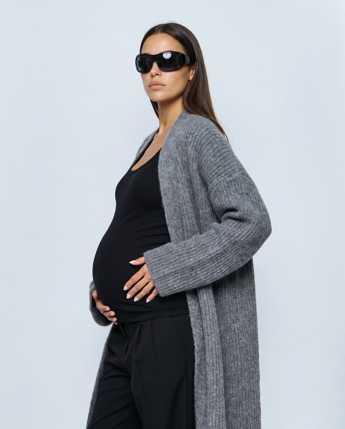 Simone Longline Knit Cardigan in Grey, side close-up