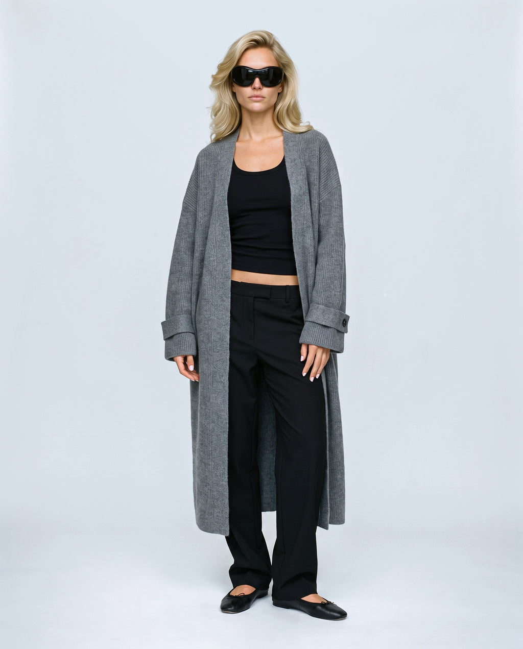 Simone Longline Knit Cardigan in Grey, front view on a non-pregnant model
