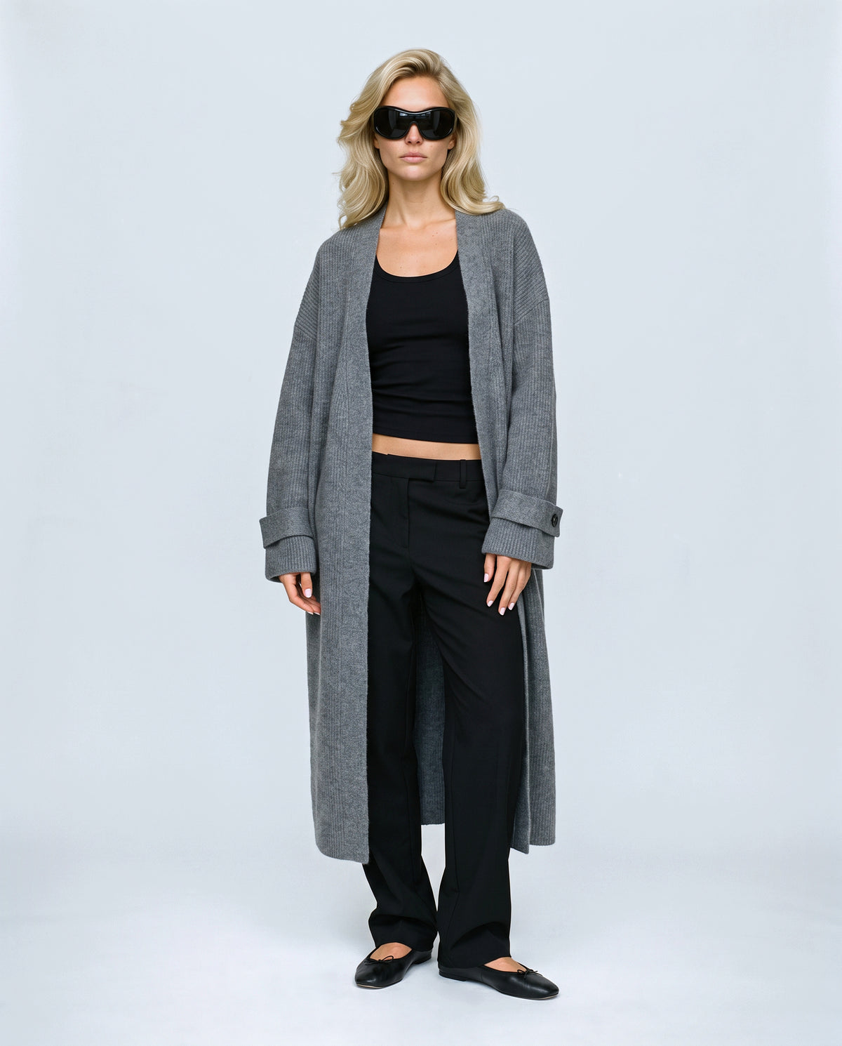 Simone Longline Knit Cardigan in Grey, front view on a non-pregnant model