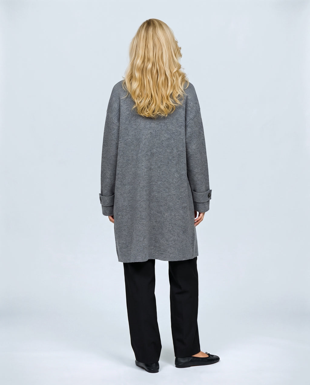Simone Longline Knit Cardigan in Grey, back view on a non-pregnant model