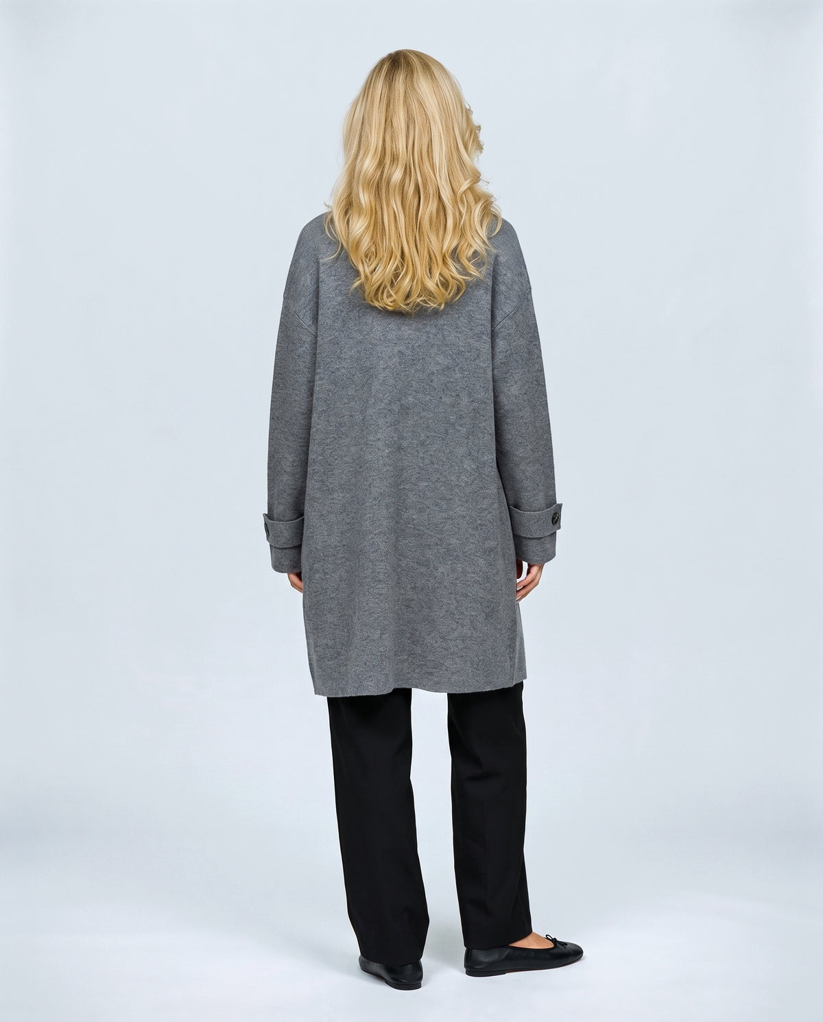 Simone Longline Knit Cardigan in Grey, back view on a non-pregnant model