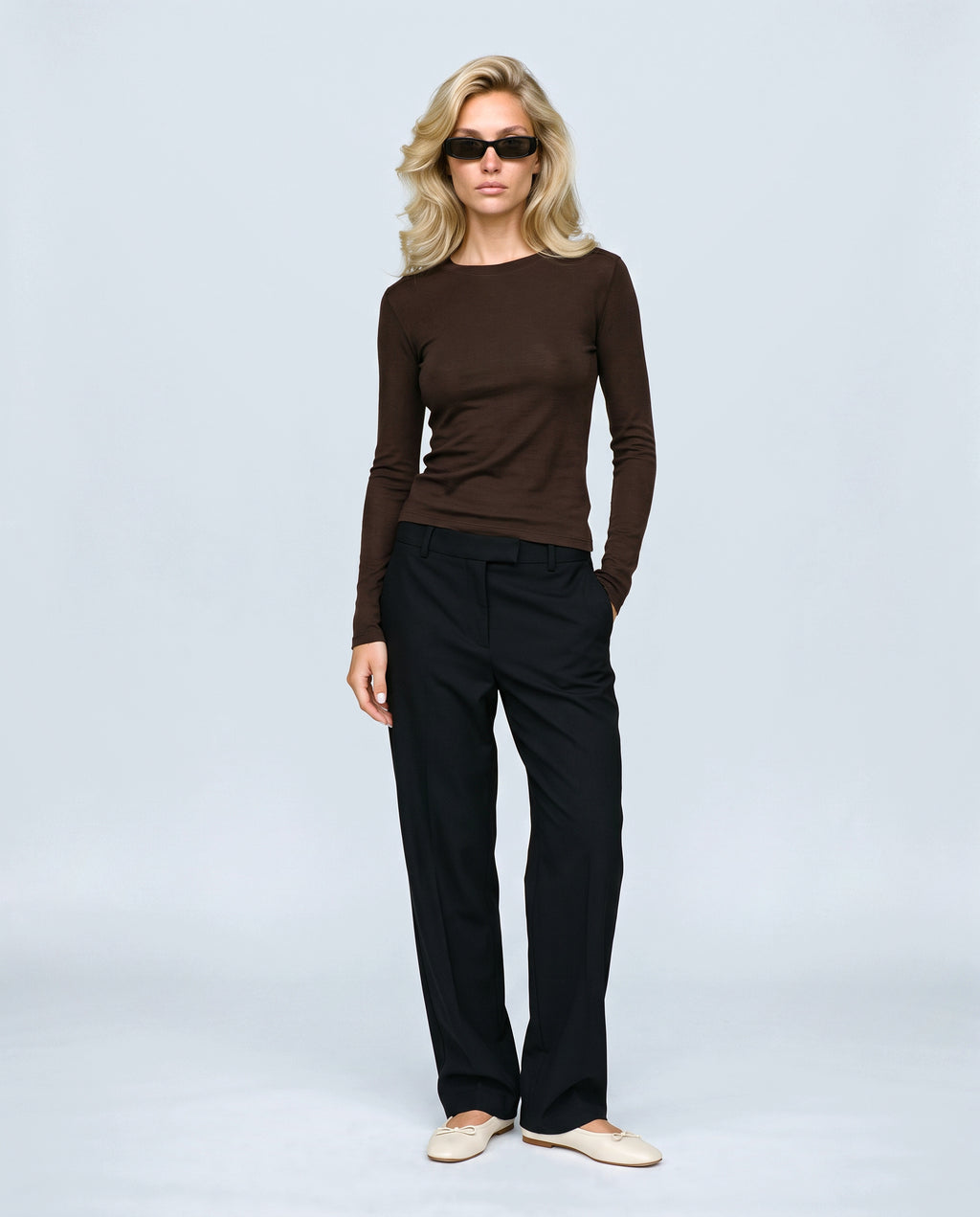 The Fine-Knit Layering Top in Ebony brown, front view on a non-pregnant model