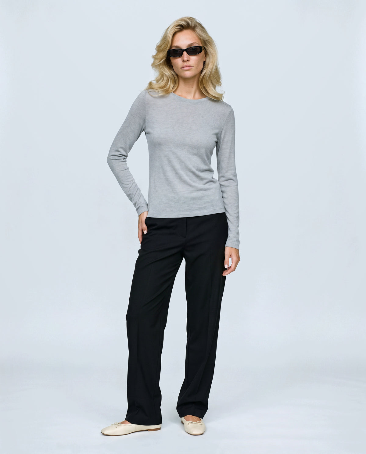 The Fine-Knit Layering Top in Frost grey, front view on a non-pregnant model