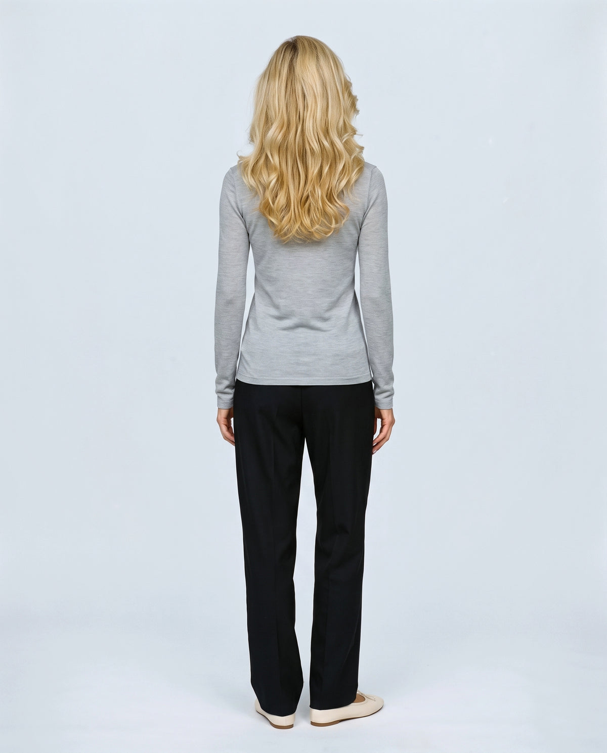The Fine-Knit Layering Top in Frost grey, back view on a non-pregnant model