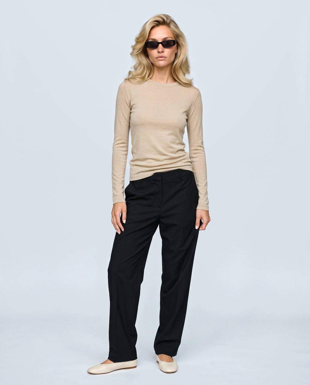 The Fine-Knit Layering Top in Linen beige, front view on a non-pregnant model