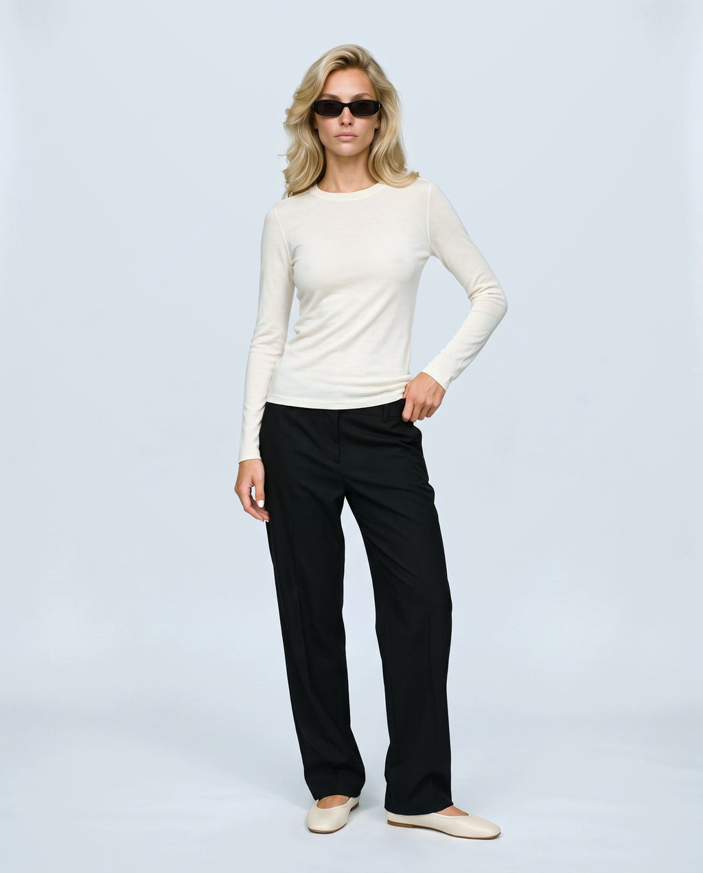 The Fine-Knit Layering Top in Off-white, front view on a non-pregnant model