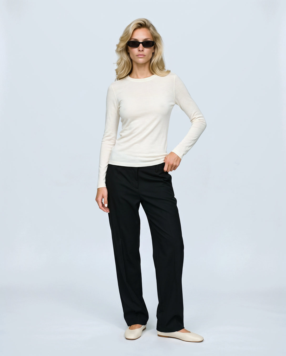 The Fine-Knit Layering Top in Off-white, front view on a non-pregnant model