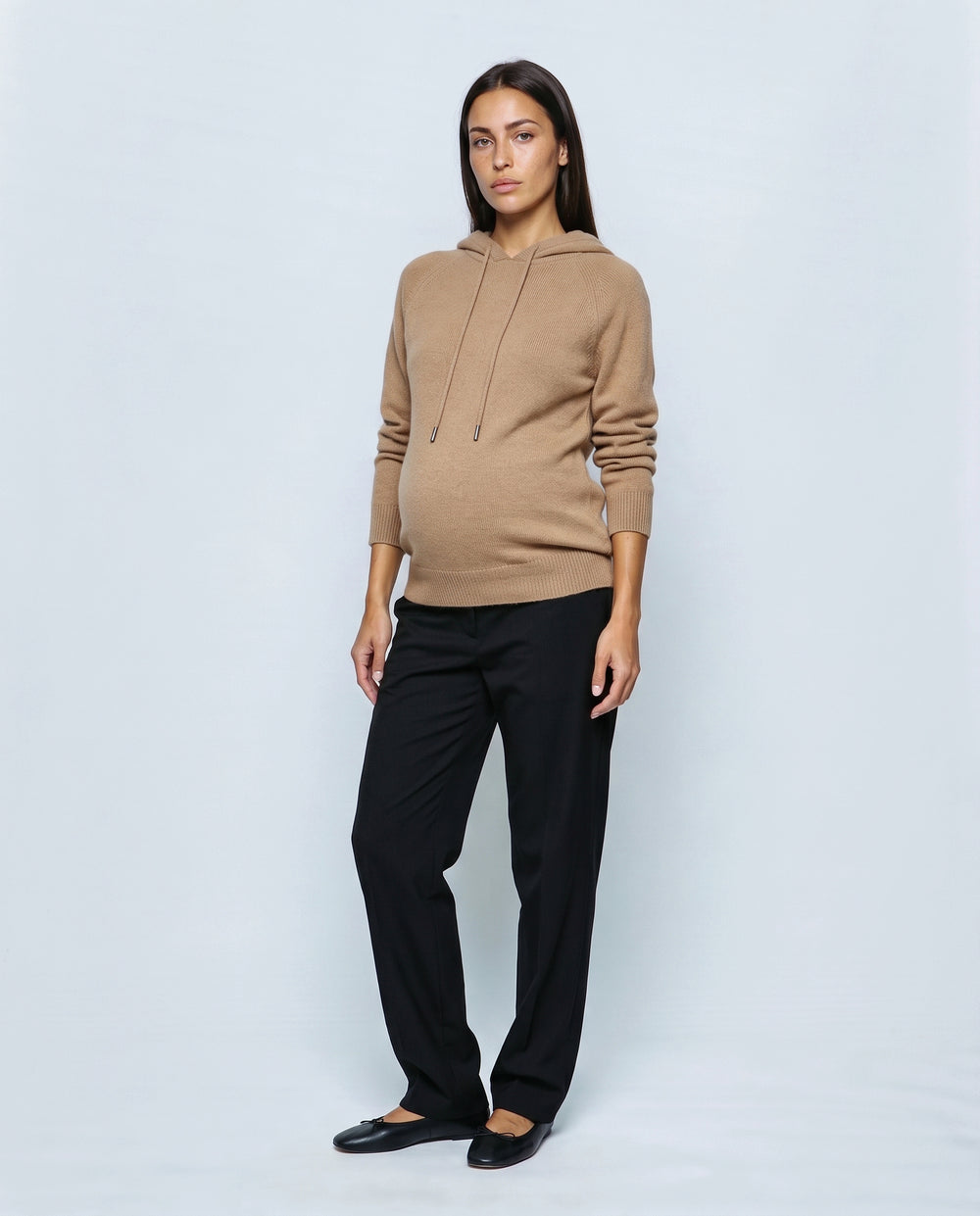The Relaxed Knit Hoodie in Camel, front view