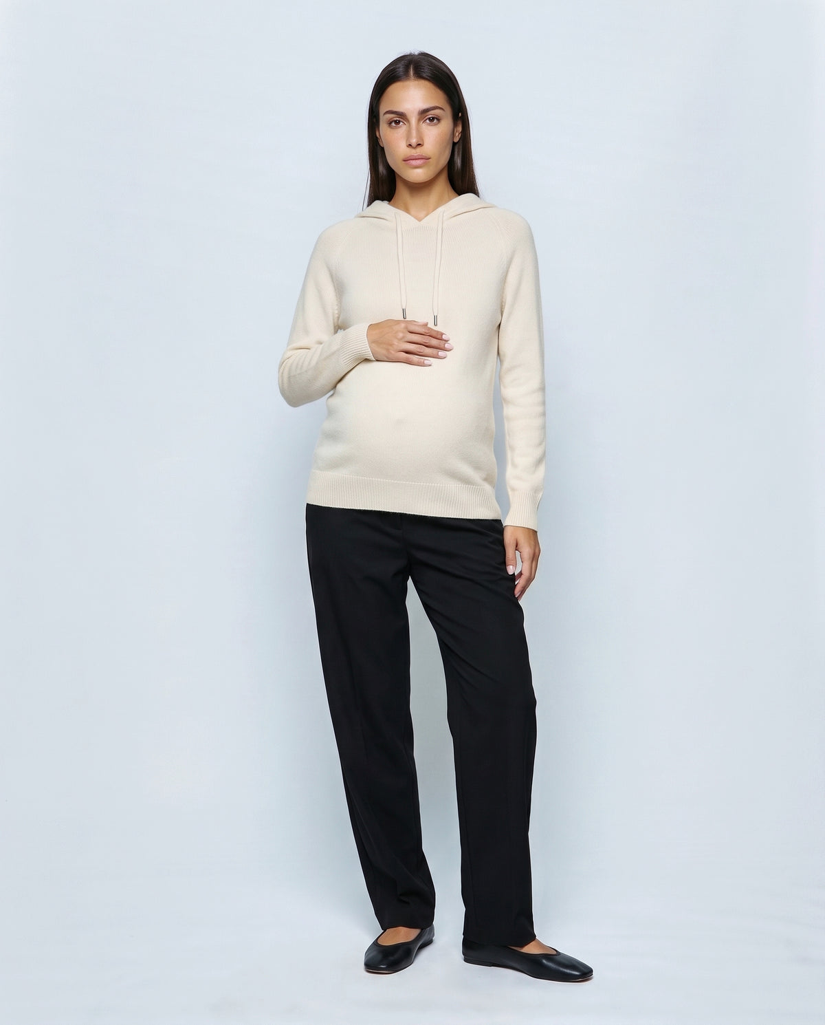 The Relaxed Knit Hoodie in Cream, front view