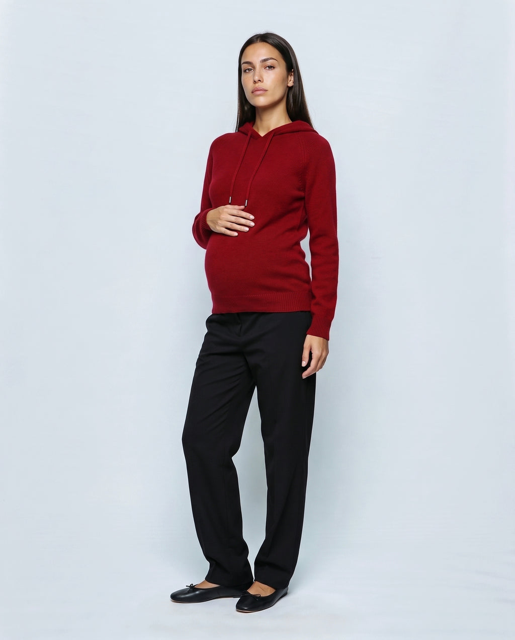 The Relaxed Knit Hoodie in Red, front view