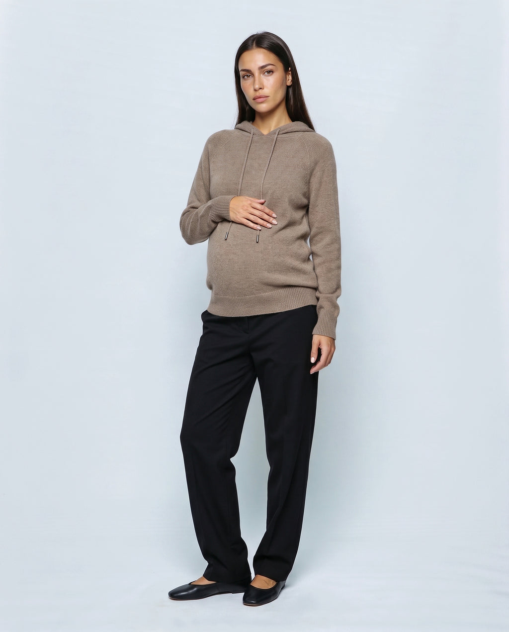 The Relaxed Knit Hoodie in Taupe, front view