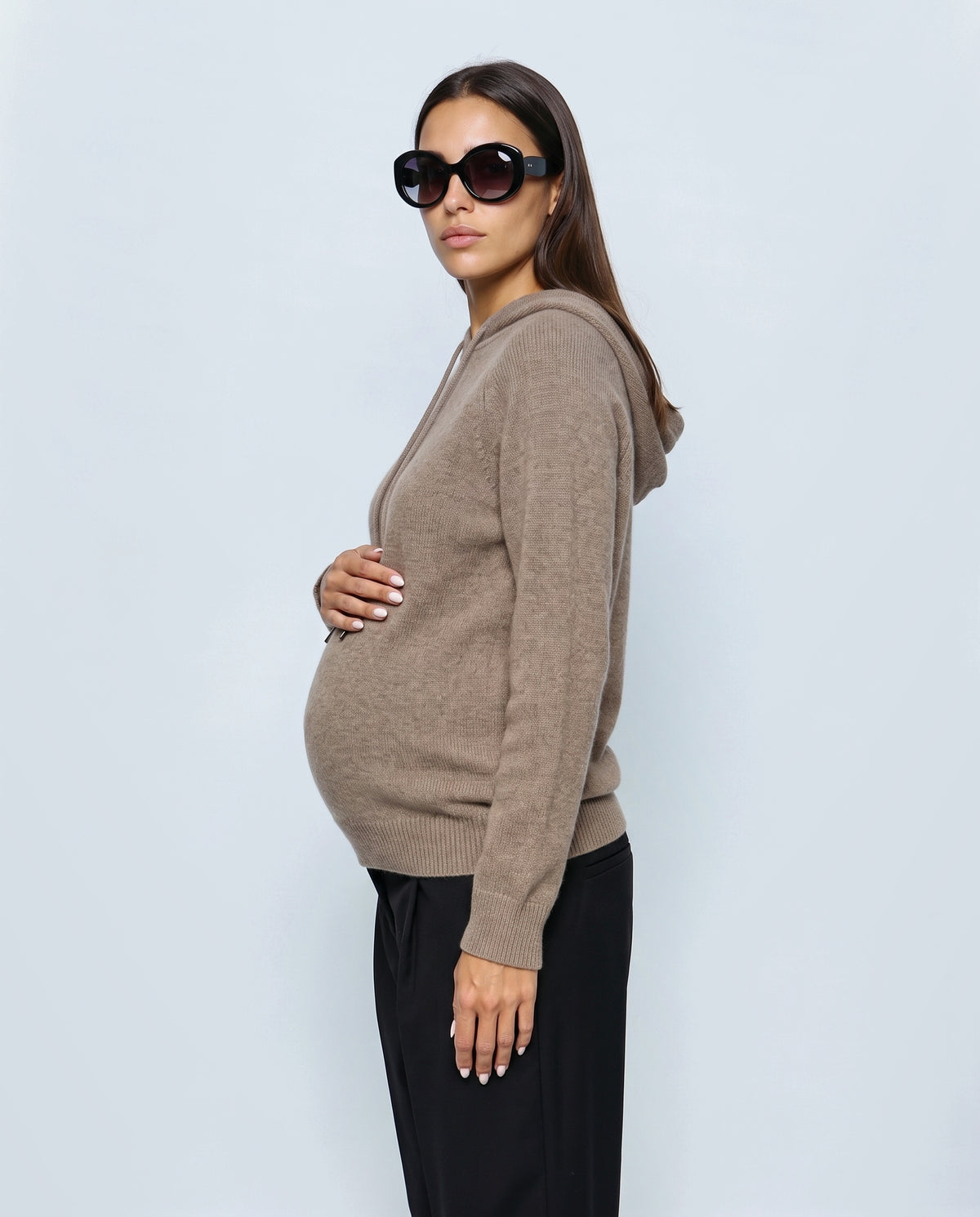 The Relaxed Knit Hoodie in Taupe, side view