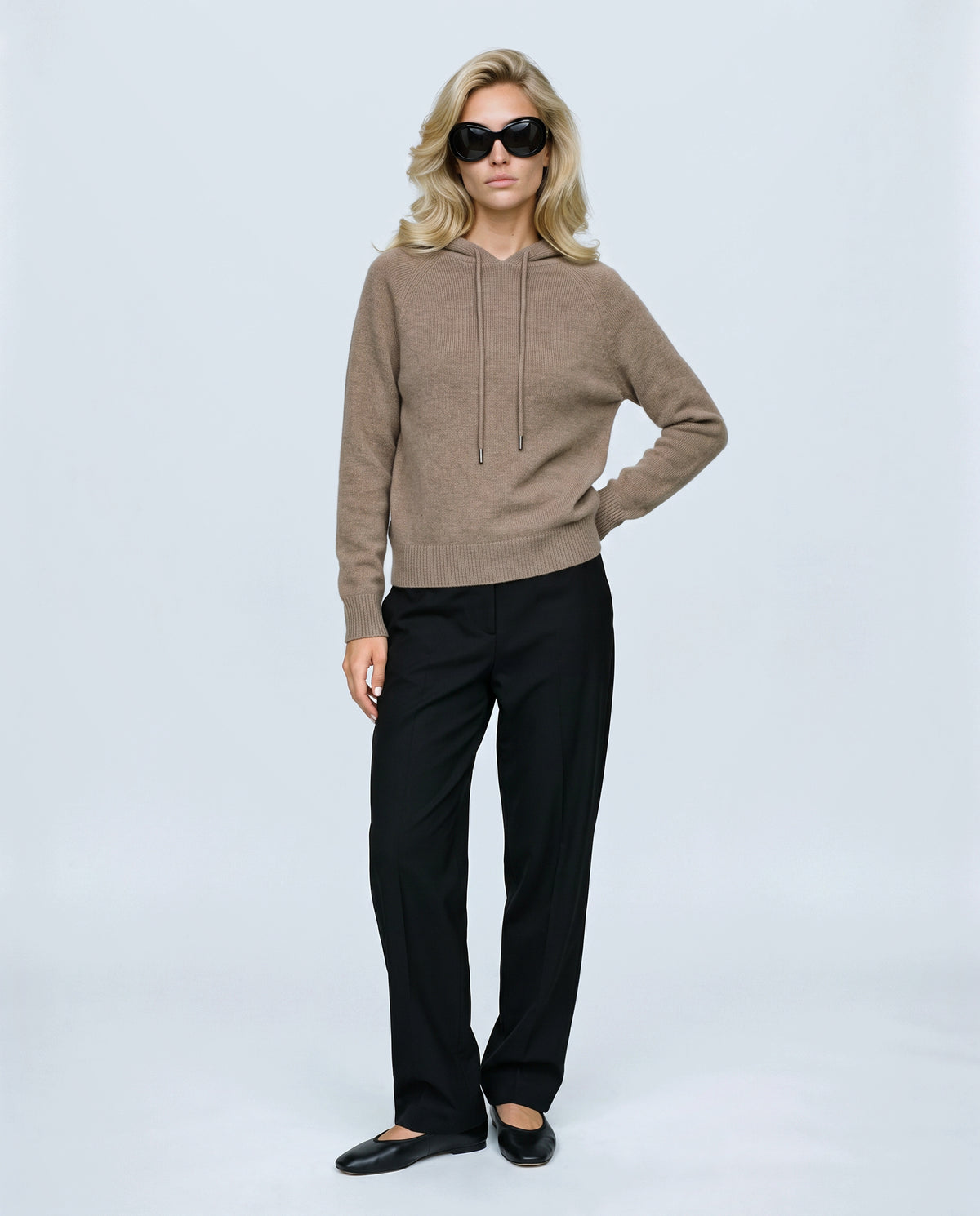The Relaxed Knit Hoodie in Taupe, front view on a non-pregnant model