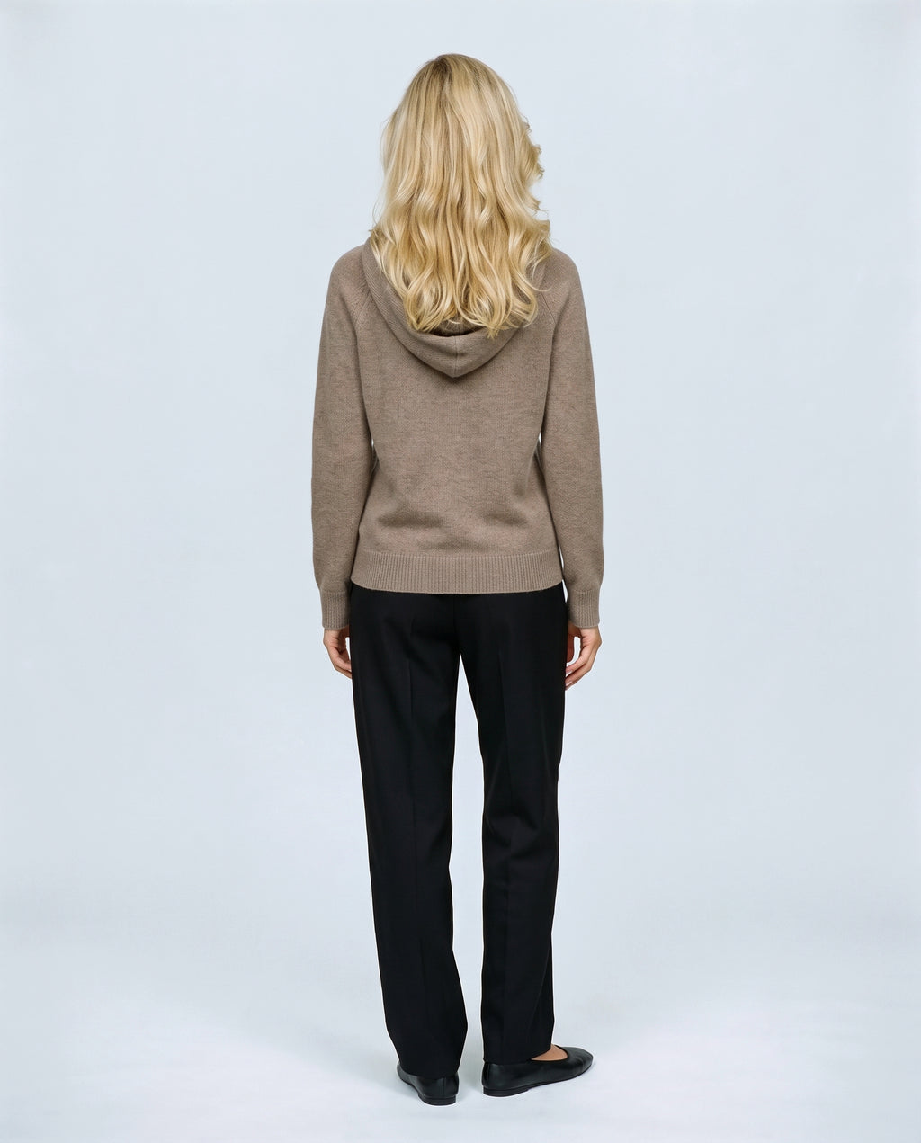 The Relaxed Knit Hoodie in Taupe, back view on a non-pregnant model