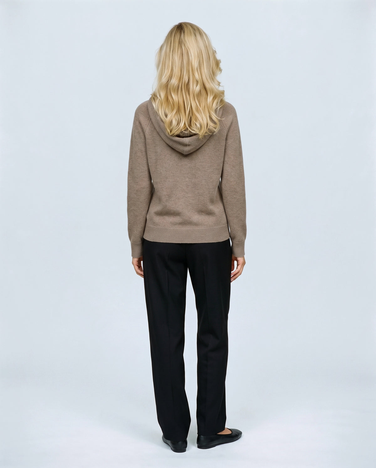 The Relaxed Knit Hoodie in Taupe, back view on a non-pregnant model