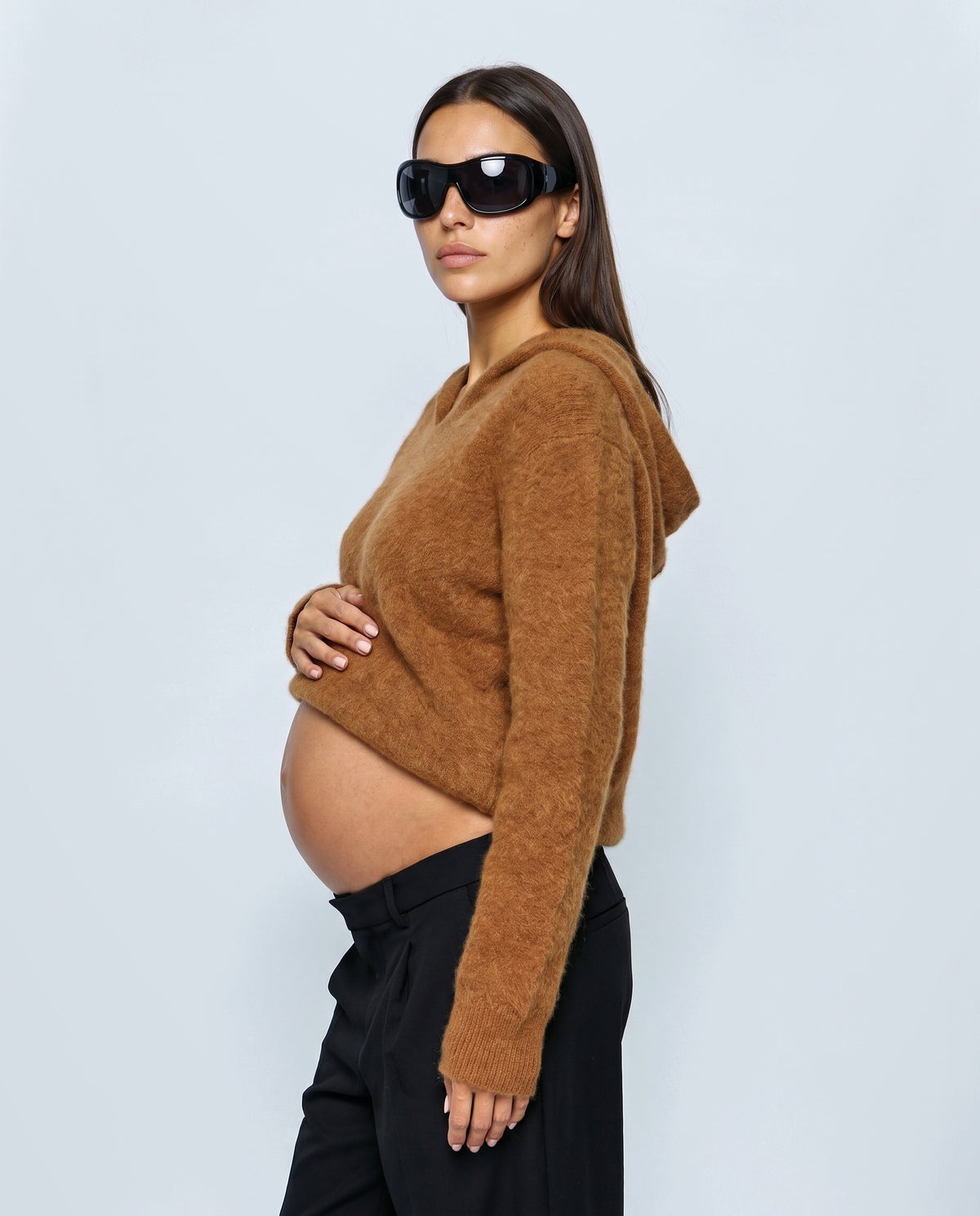 The Soft-Touch Knit Hoodie in Caramel, side view