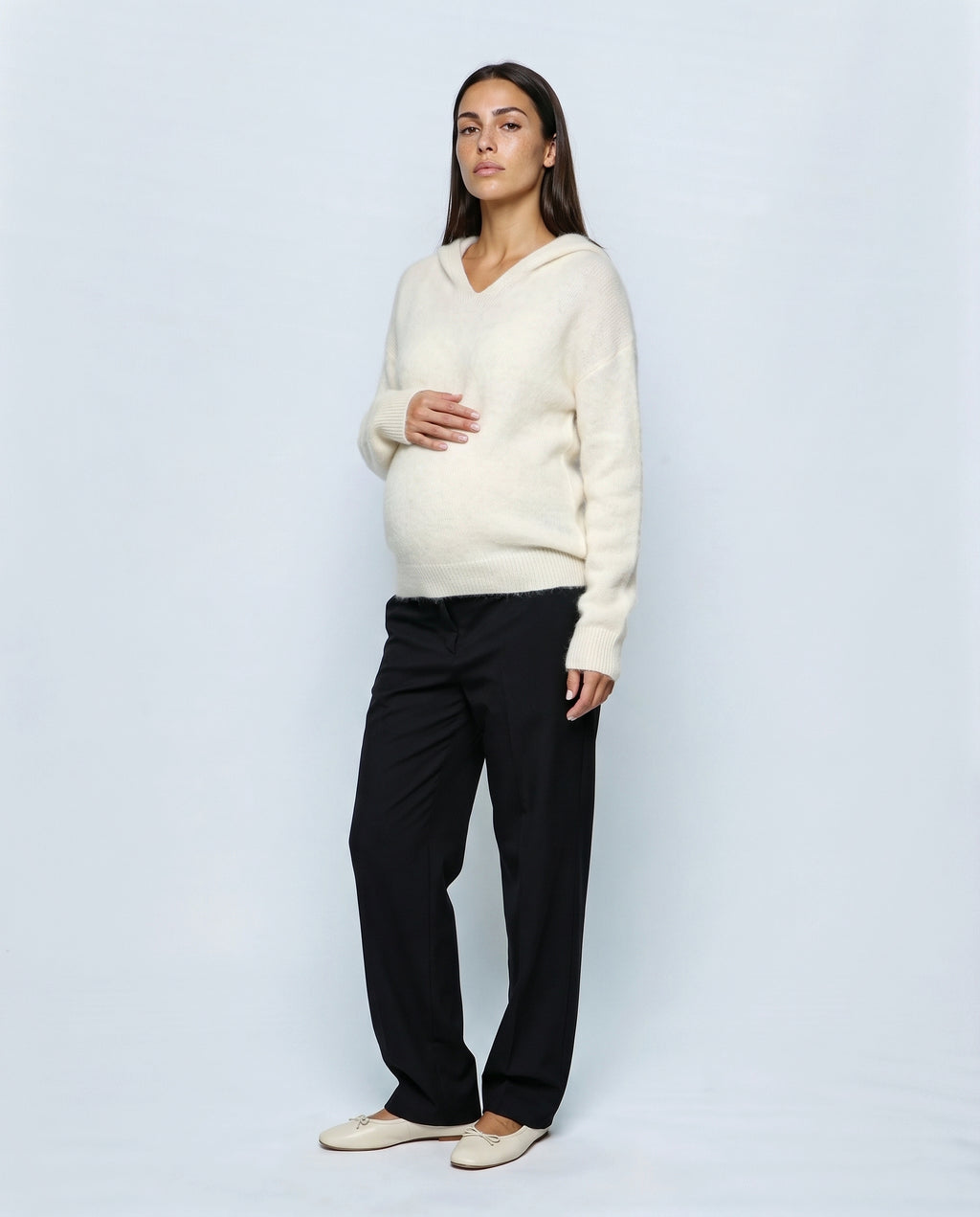 The Soft-Touch Knit Hoodie in Cream, front view