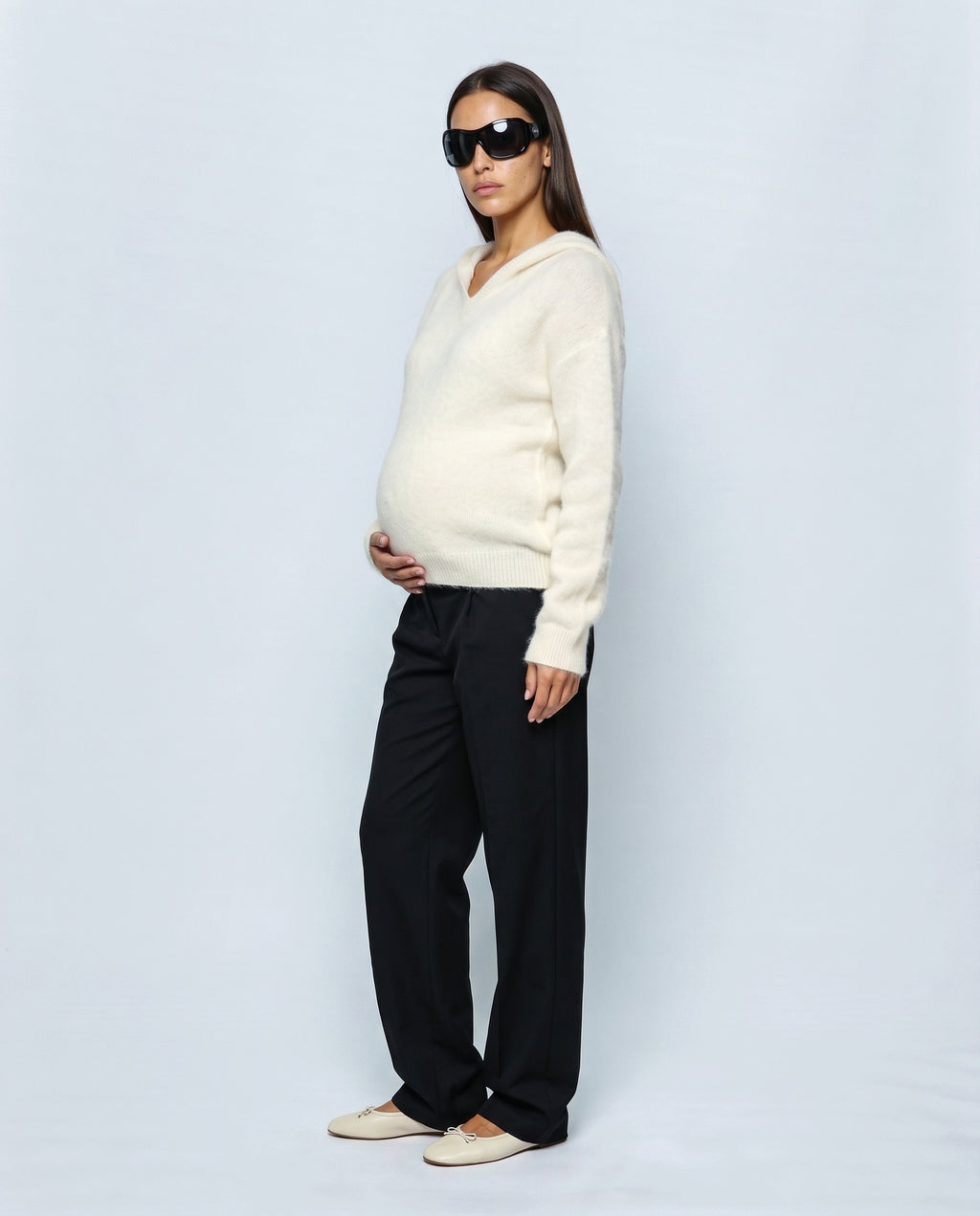 The Soft-Touch Knit Hoodie in Cream, side view