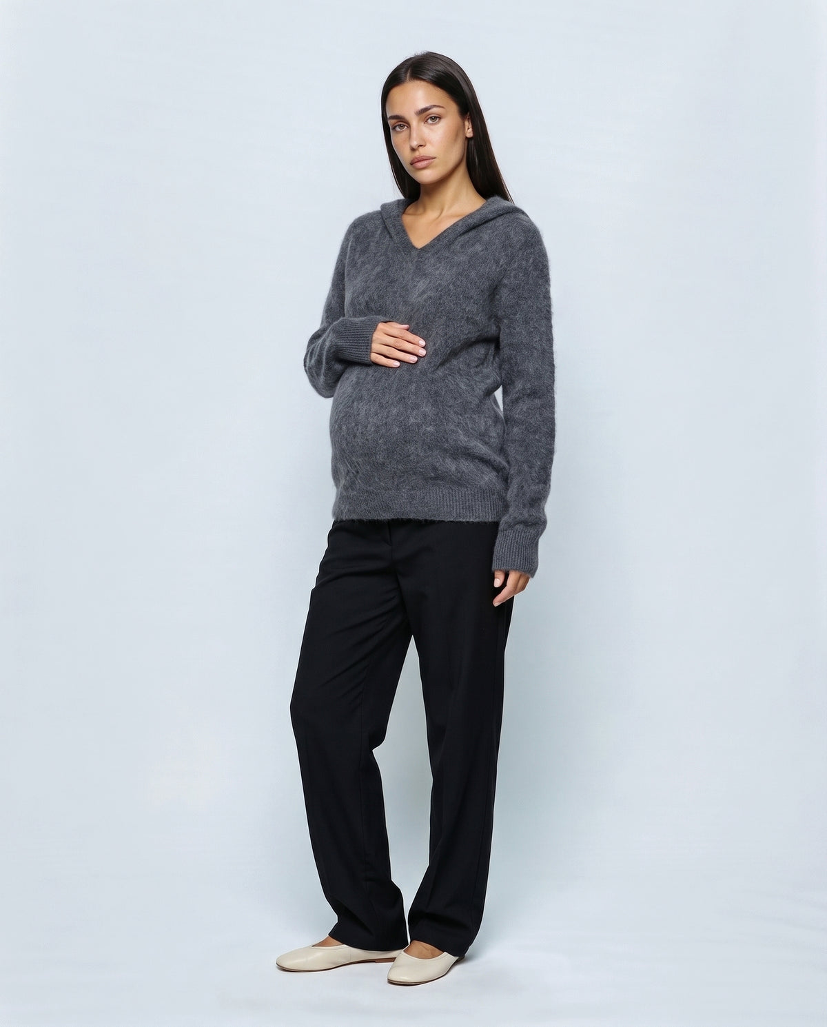 The Soft-Touch Knit Hoodie in Grey, front view