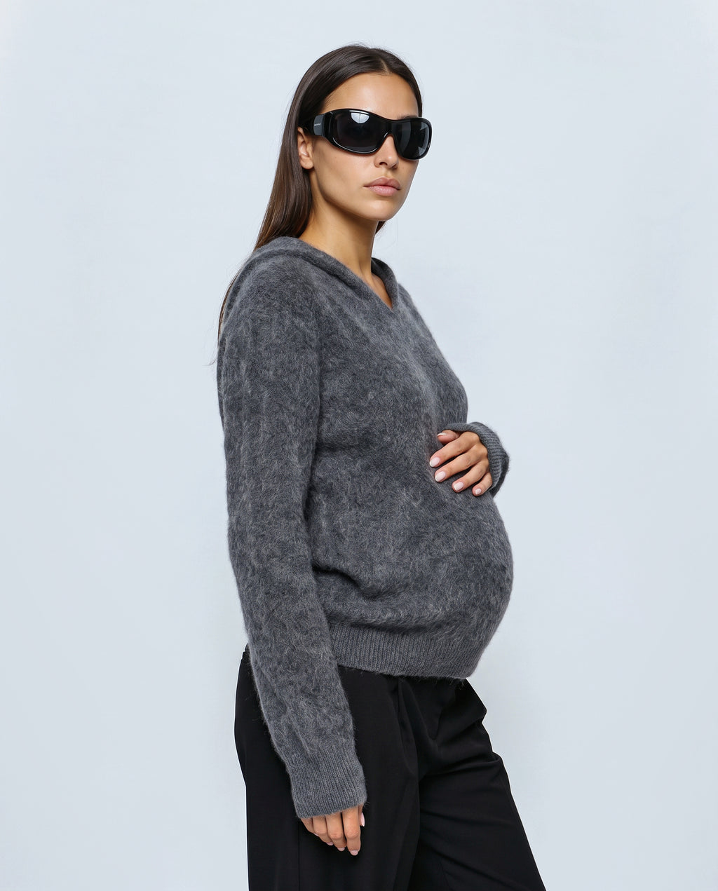 The Soft-Touch Knit Hoodie in Grey, side view