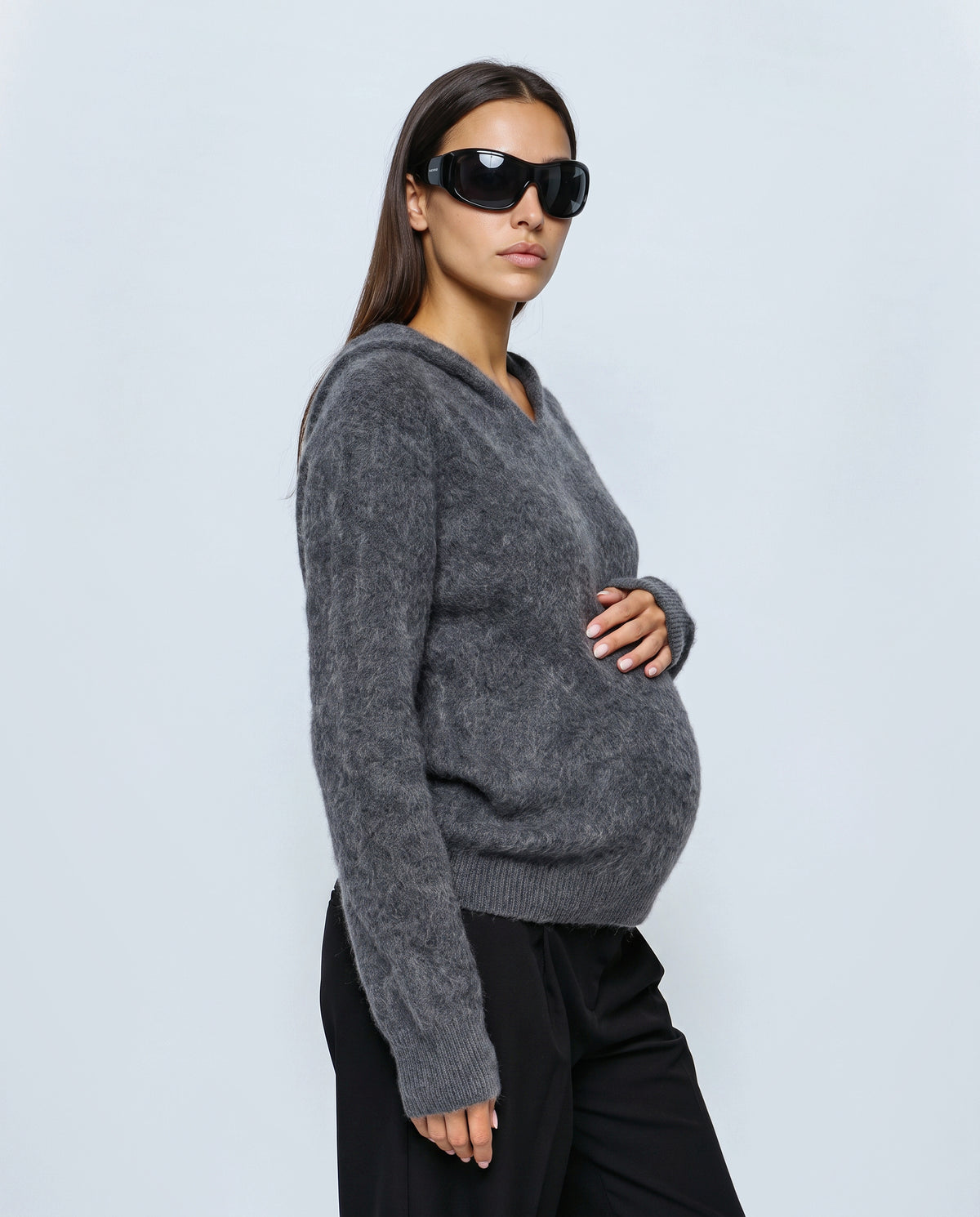 The Soft-Touch Knit Hoodie in Grey, side view