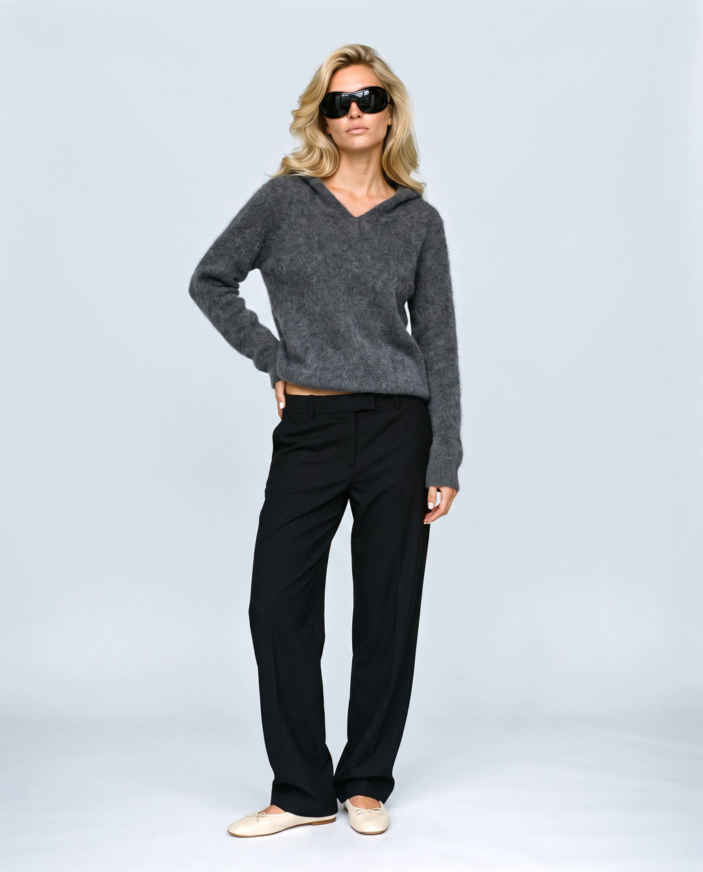 The Soft-Touch Knit Hoodie in Grey, front view on a non-pregnant model