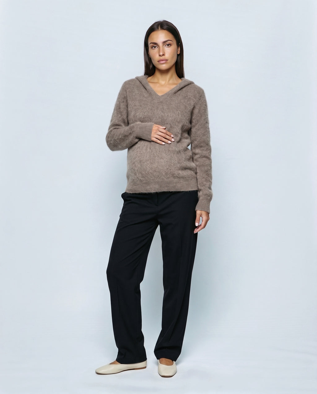 The Soft-Touch Knit Hoodie in Taupe, front view