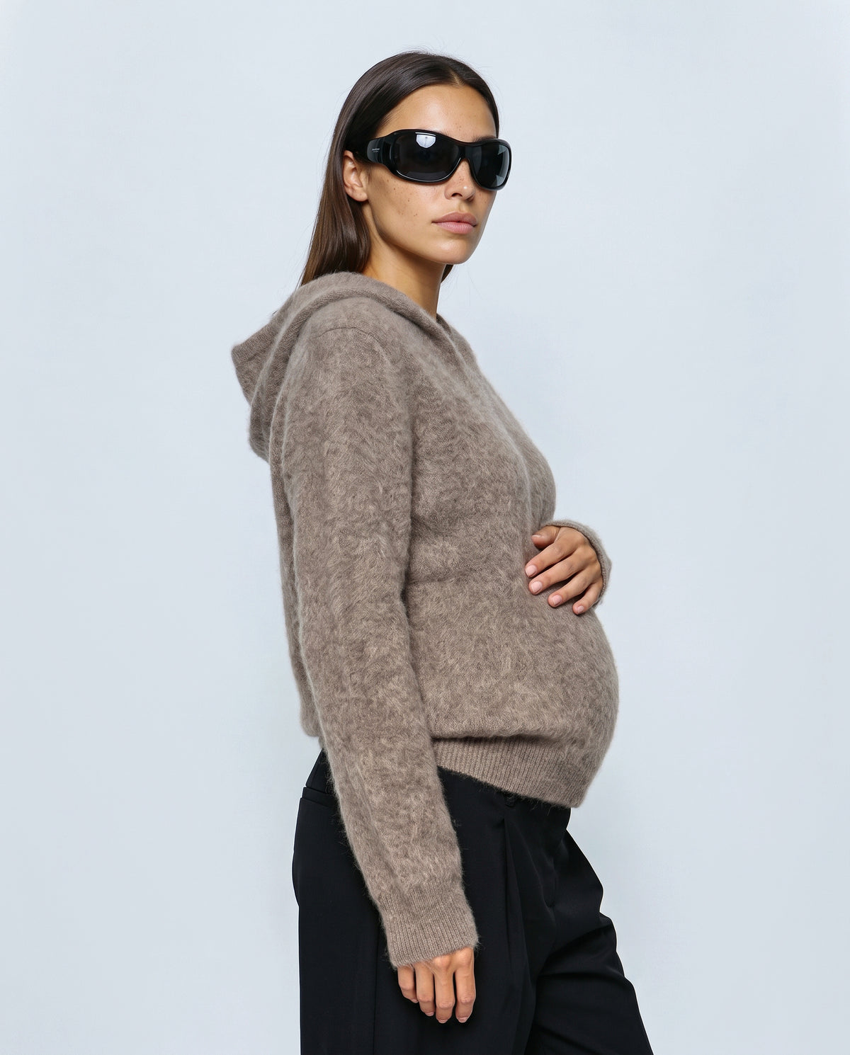 The Soft-Touch Knit Hoodie in Taupe, side view